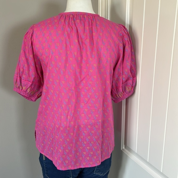 Cleobella Amari Blouse Ditzy Mix Block Print Pink Organic Cotton Balloon Sleeve - Picture 6 of 12